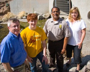  A team of Arizona State University engineering students in the EPICS GOLD program are helping the city of Phoenix develop an environmental management strategy to keep trash out the Rio Salado Habitat Restoration Area. Pictured at the site are the team leader, chemical engineering major Jared Schoepf (second from left), EPICs director Richard Filley (far left), head park ranger at the Rio Salado Habitat, Winston Lyons, and habitat supervisor Chris Parks (far right). (Photo: Blaine Coury/ASU)