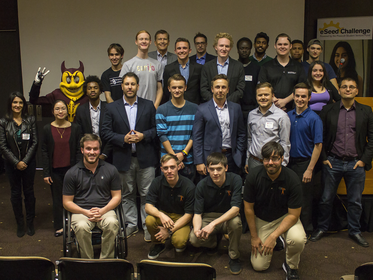 The second cohort of student-led ventures from the eSeed Challenge + Accelerator pose for a photo with event judges at eSeed Demo Day, November 30, 2016 ASU's Memorial Union on the Tempe Campus. Photographer: Marco-Alexis Chaira/ASU