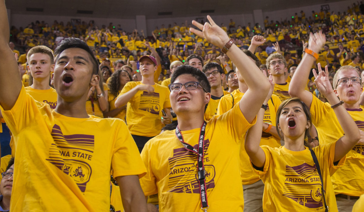 Photo of large amount of students wearing gold shirts inside Wells Fargo Arena. Caption: IRA! IRA! IRA! The Fulton Schools welcomed over 2,700 new students at ASU’s Sun Devil Welcome into the Class of 2021. Read more about the Class of 2021: fullcircle.asu.edu/students/meet-class-of-2021 Photographer: Jessica Hocheiter/ASU