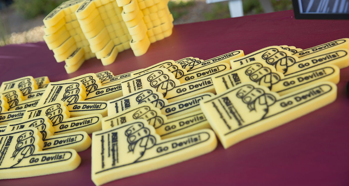 Photo of foam fingers. Caption: You can count on the Ira A. Fulton Schools of Engineering to come out in droves for the homecoming game. On Oct. 28, 2017, when the Sun Devils put up a valiant fight against the University of Southern California Trojans, the ASU engineering community’s school spirit — and creativity — was on full display for the Homecoming Block Party and foam “Go Devils” fingers were the giveaway of choice. Photographer: Jessica Hochreiter/ASU