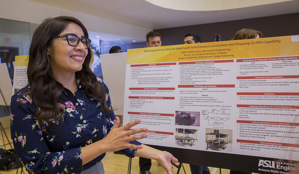 Photo of girl in front of poster. Caption: Nikki Lopez, an undergraduate in mechanical engineering, presents her research on the development of a ground robotic vehicle to explore unknown terrain. This summer, she’s secured an internship in systems engineering at L3 Technologies — a contractor in aerospace systems, detection systems and security. Photographer: Jessica Hochreiter/ASU