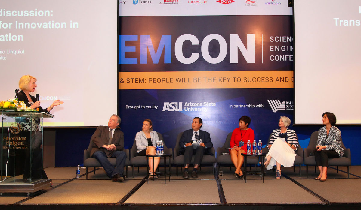 Stefanie Lindquist (first on left), deputy provost and vice president for academic affairs at ASU, leads the panel discussion, “Transformative Models for Innovation in Higher Education.” From left to right: Jack Harding, president & CEO of eSilicon; Debbie Hughes, vice president of higher education and workforce with the Business-Higher Education Forum; Ha Thanh Toan, president of Can Tho University; Do Thi Lan Dai, chairwoman of Lac Hong University; Gael McDonald, president of RMIT University Vietnam; and Keiko Inoue, program leader for human development, World Bank Vietnam.