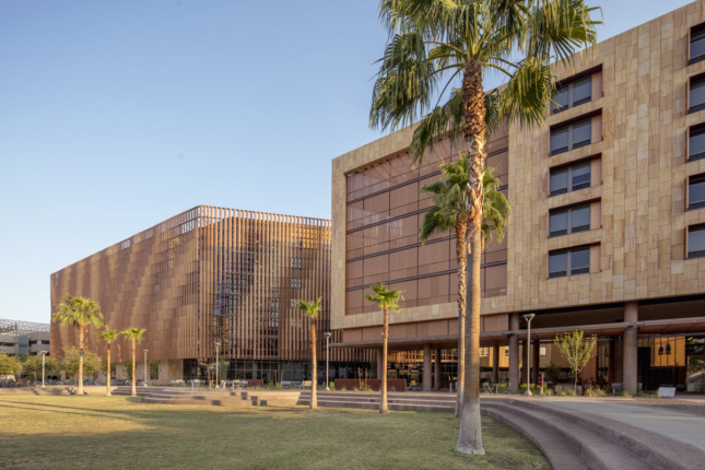 At Arizona State University, pixelated aluminum louvers shade residence hall