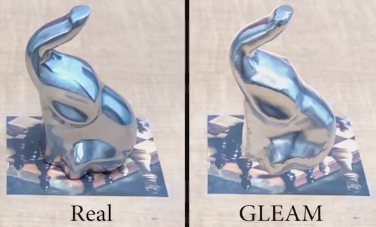 two images of an elephant figurine, one labeled Real and one GLEAM augmented reality
