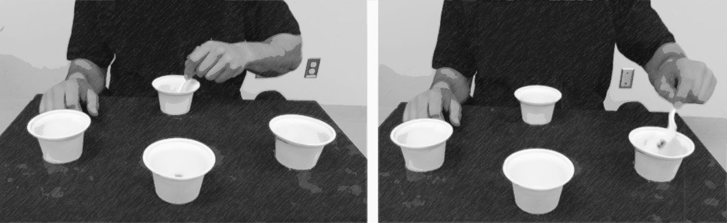 Two photos depicting a person scooping beans out of one of four cups and depositing them in another of the four cups.