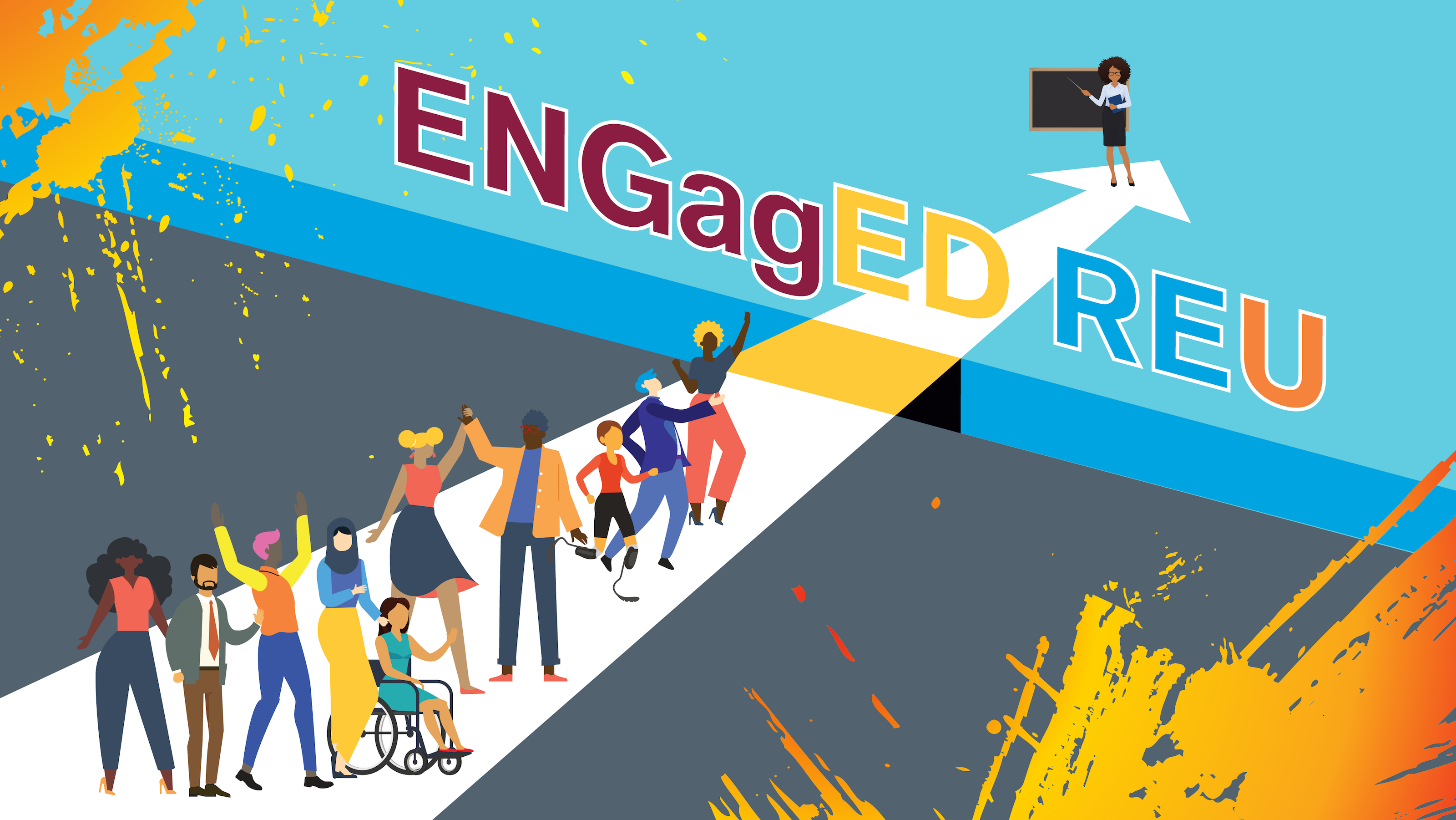 graphic of people entering a building that says "ENGagED REU"