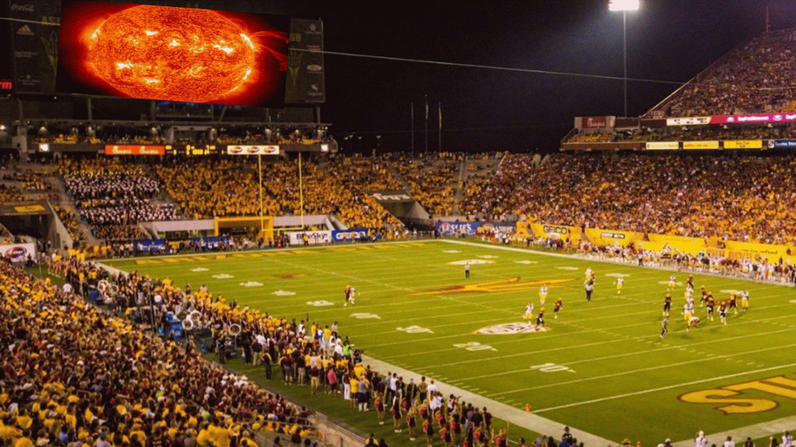 a .gif showing smoke rings coming from scoreboard at ASU's Sun Devil Stadium