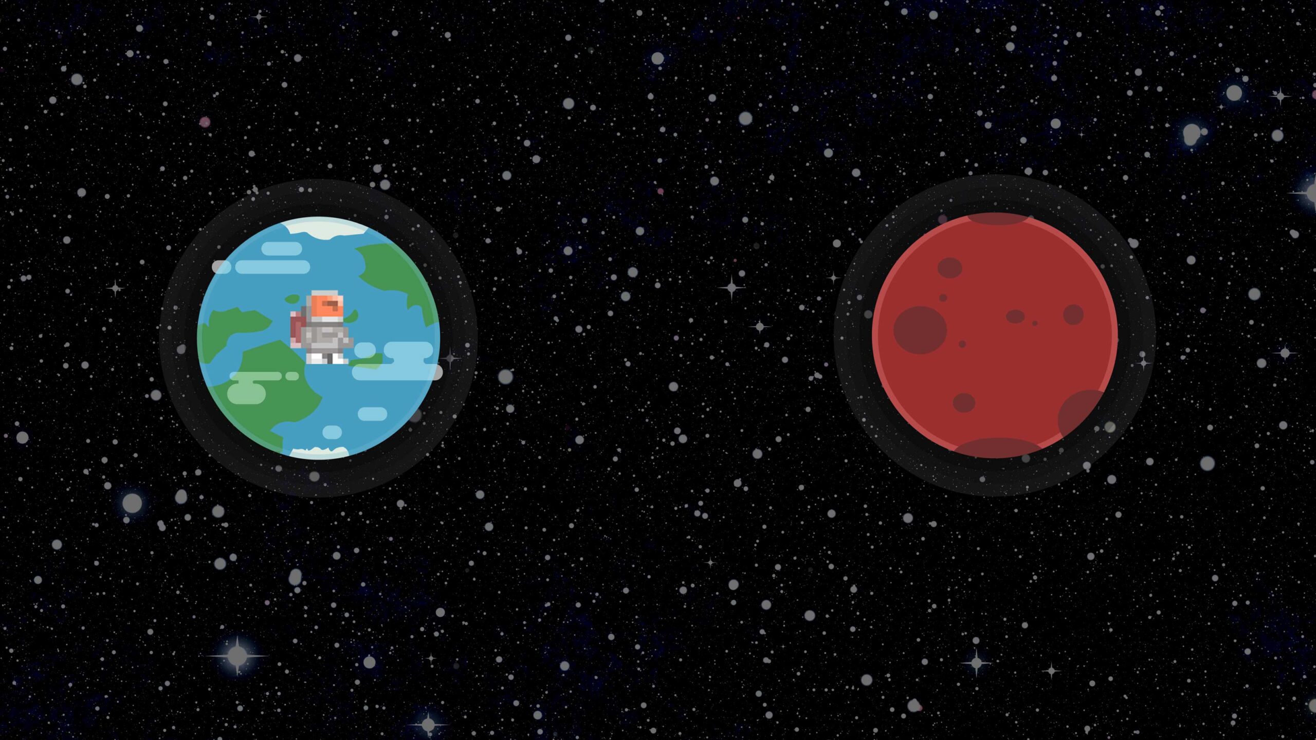 A graphic of a pixel-art astronaut on an Earth-like planet and a red planet on a starry background.