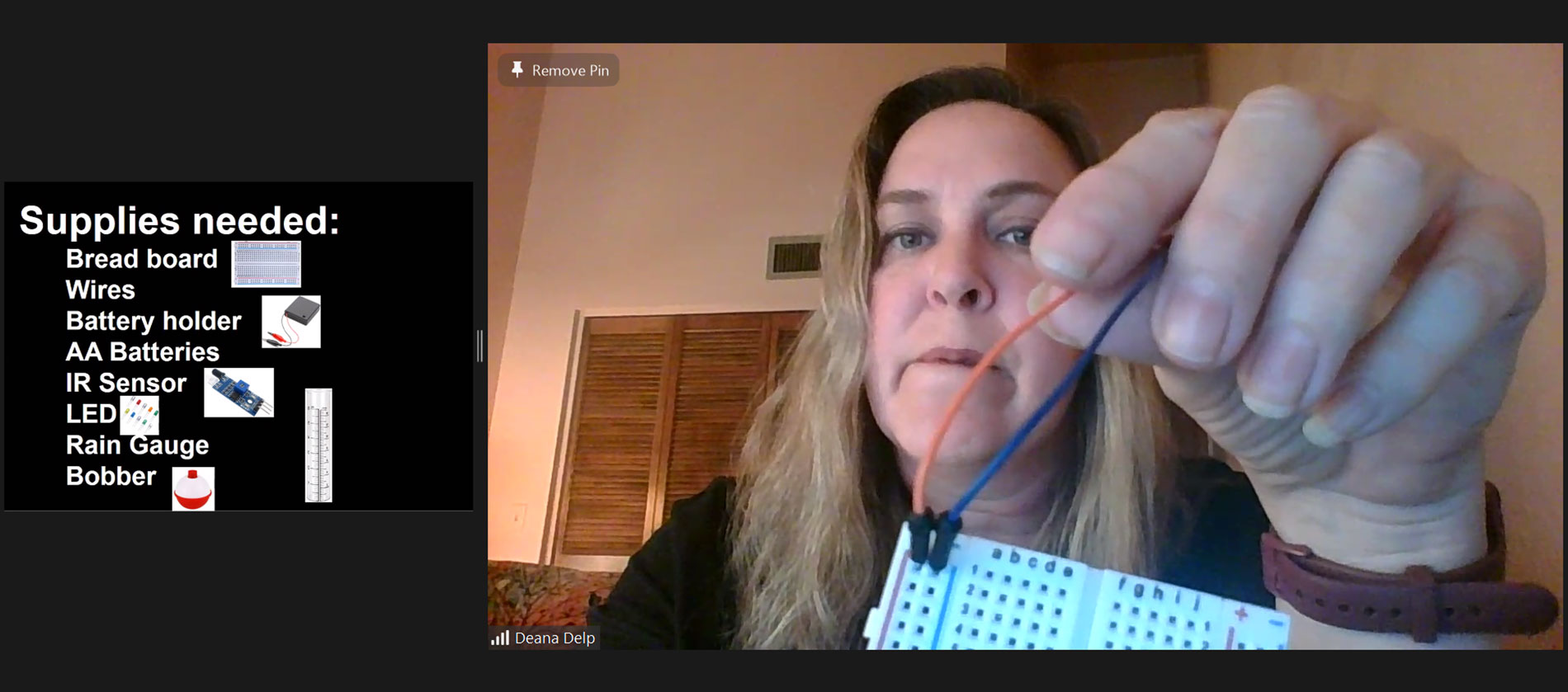A Zoom screenshot in which Lecturer Deana Delp is holding a bread board and wires and includes a list of supplies needed for a smart rain gauge activity.