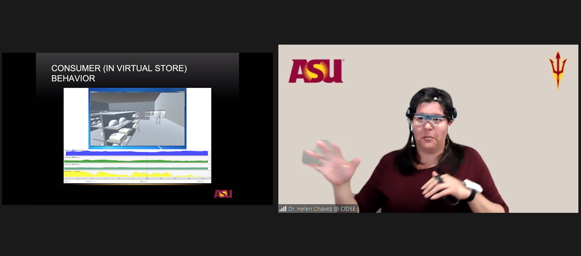 A Zoom screenshot of Lecturer Maria Elena Chavez-Echeagaray demonstrating a virtual reality store to teach SEE@ASU participants about user experience and computer science.