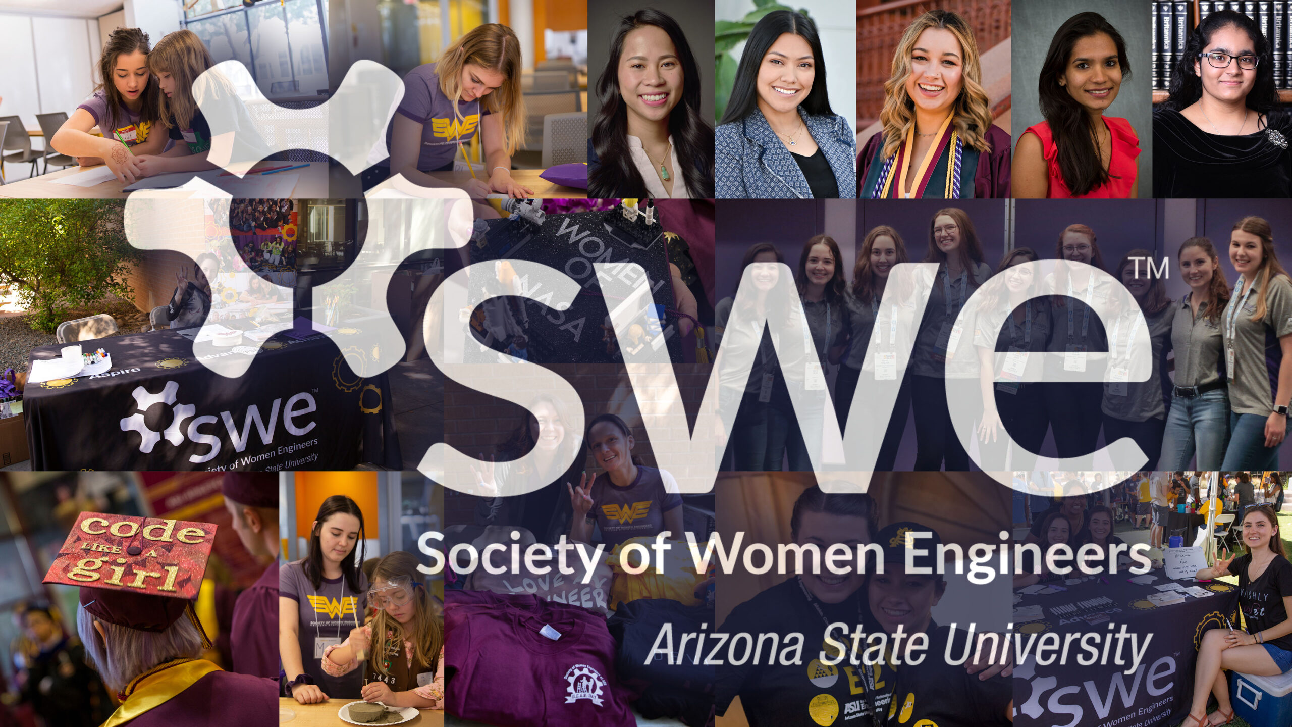 A graphic depicting students and activities from the Arizona State University section of the Society of Women Engineers.