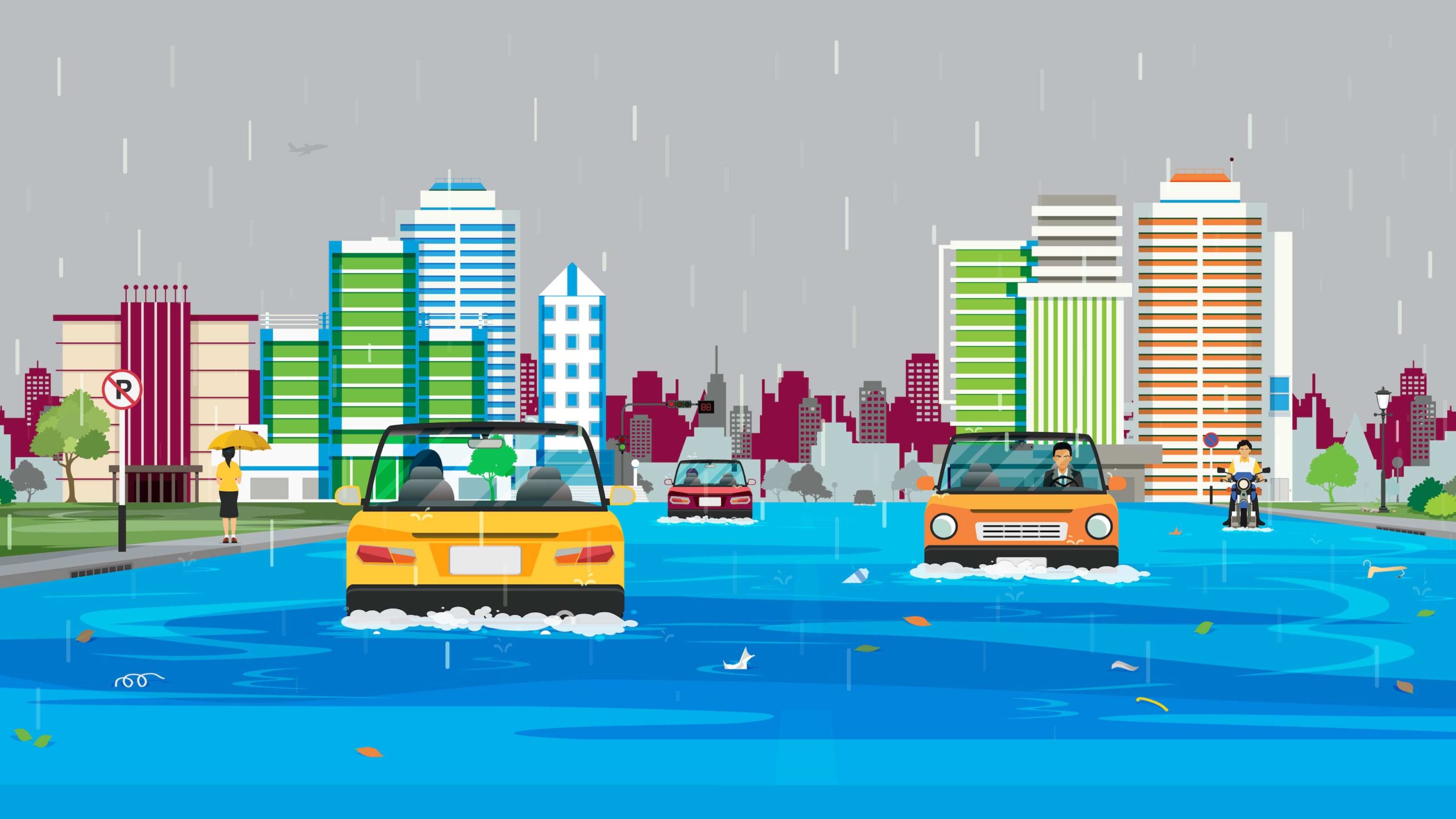 illustration of cars driving on flooded stretes