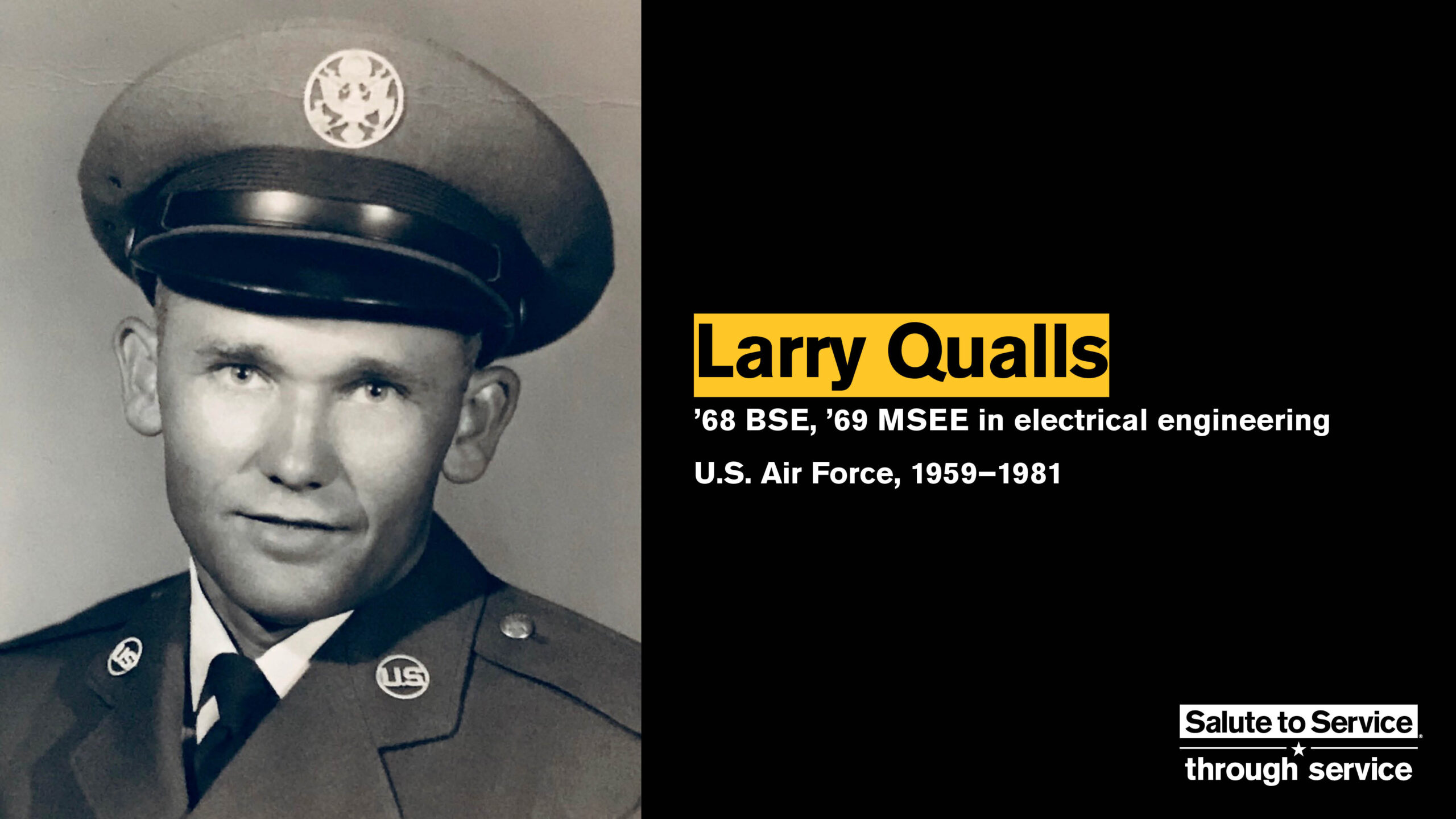 Salute to Service graphic with text that says Larry Qualls with a photo of him