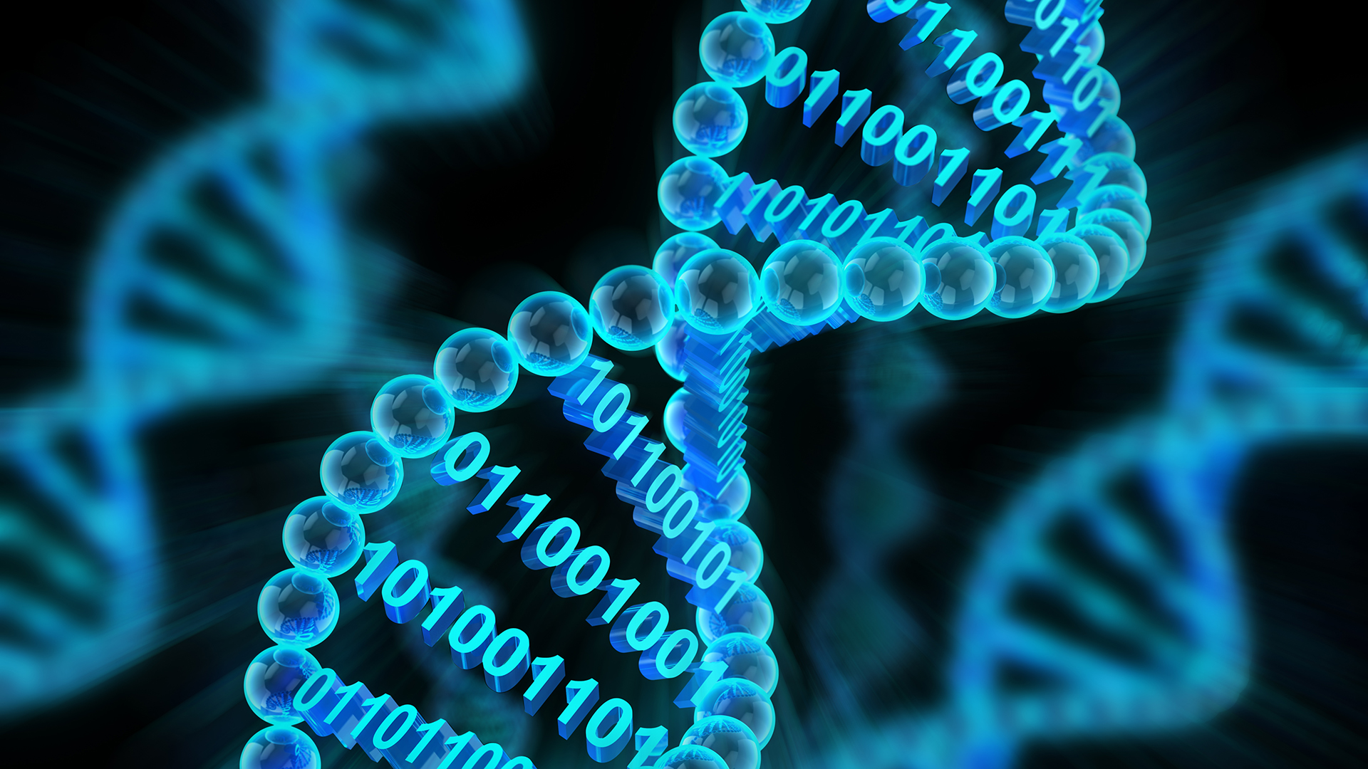 a graphic depicting DNA strands made of digital binary code