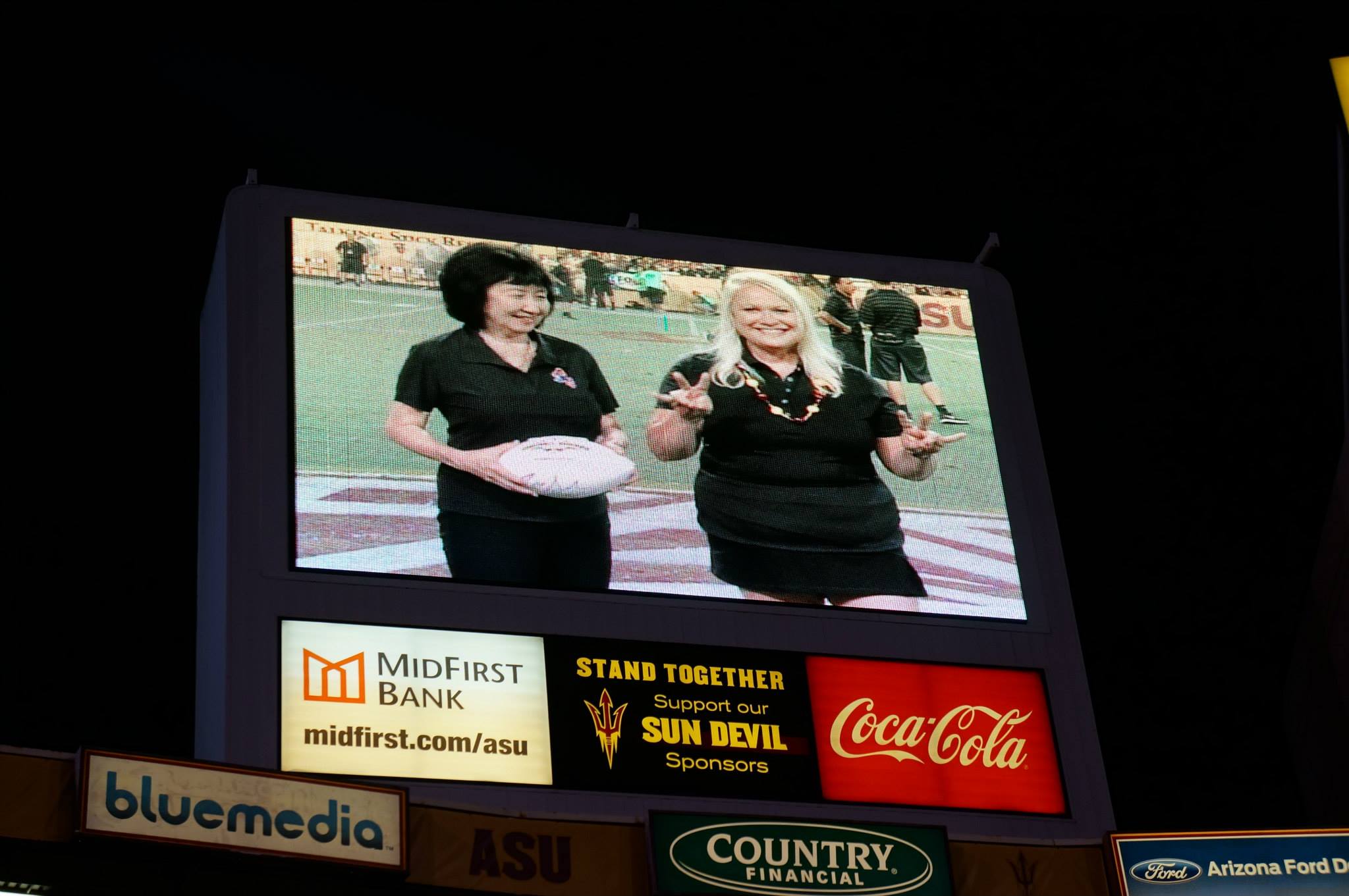 photo of Anna Wales appearing on video board at Sun Devil Stadium