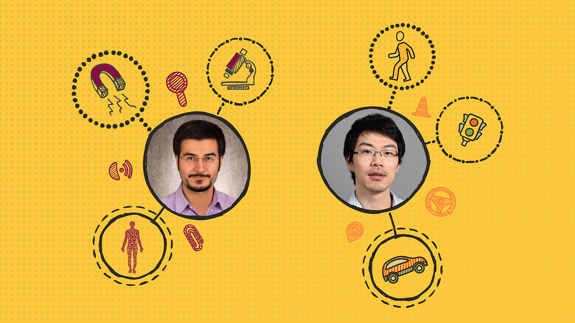 A graphic depicting Ira A. Fulton Schools of Engineering faculty members Hamid Marvi and Yezhou “YZ” Yang along with imagery representing their entrepreneurial ventures.