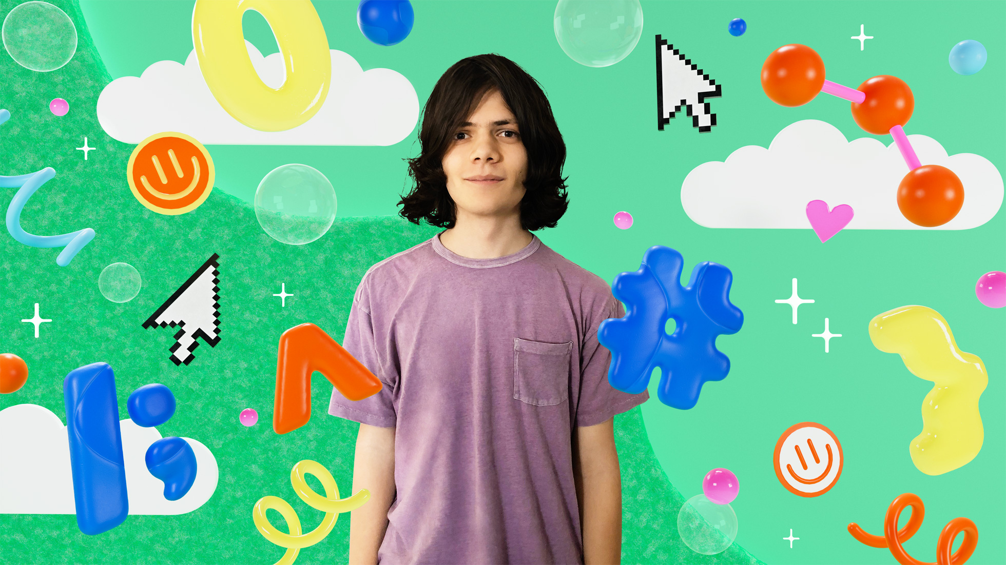 Josh Tint in front of a green background with assorte graphics