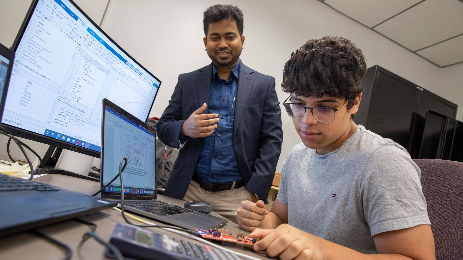 Engineering student Saif Elsaady works with Assistant Professor Ayan Mallik to explore electric vehicle cybersecurity as part of the FURI program in the Ira A. Fulton Schools of Engineering at ASU.