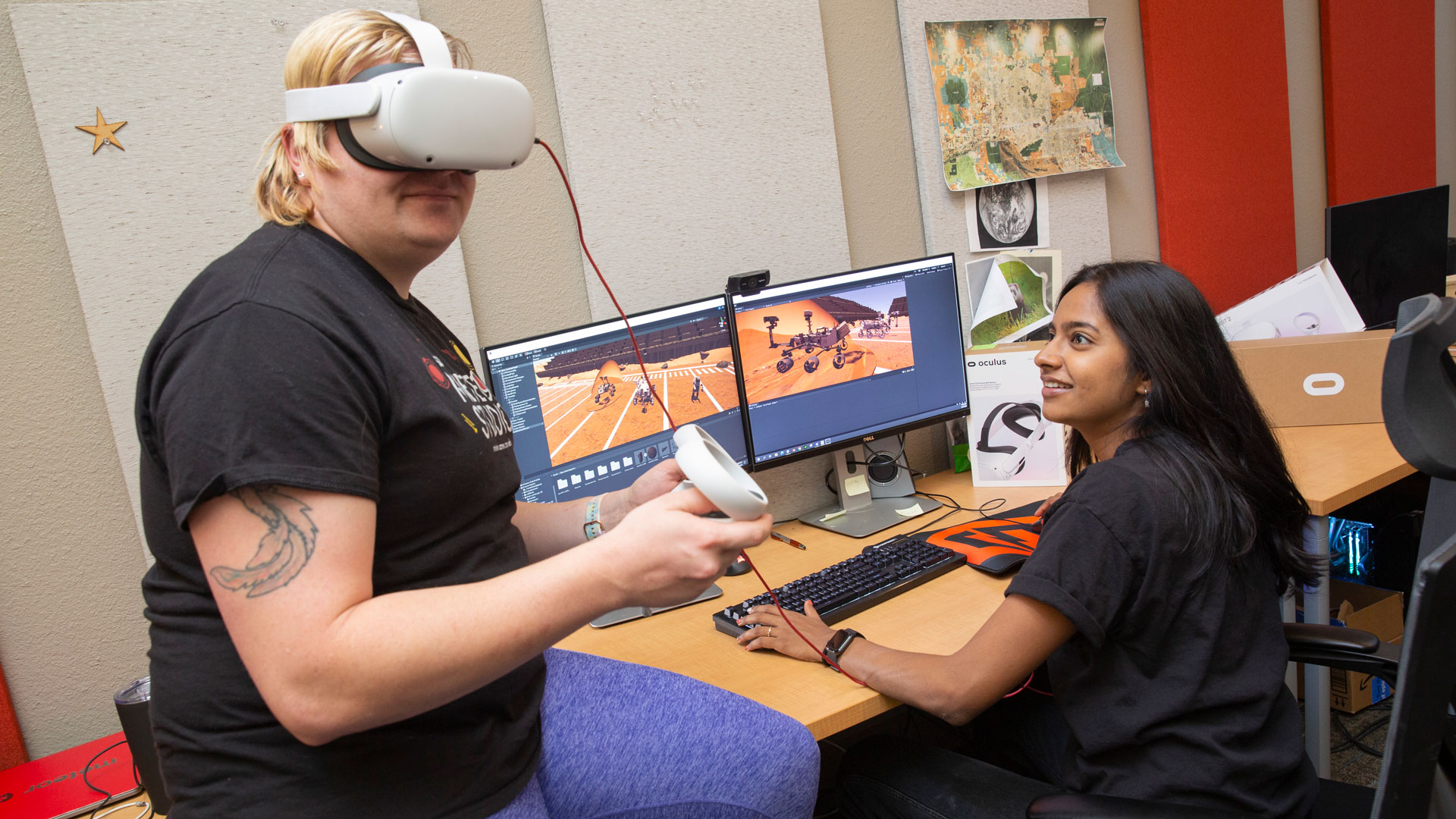 Computer science graduate student Radhika Ganapathy demonstrates the use of virtual reality to visualize data in the ASU Meteor Studio as part of her MORE research project in the Ira A. Fulton Schools of Engineering.