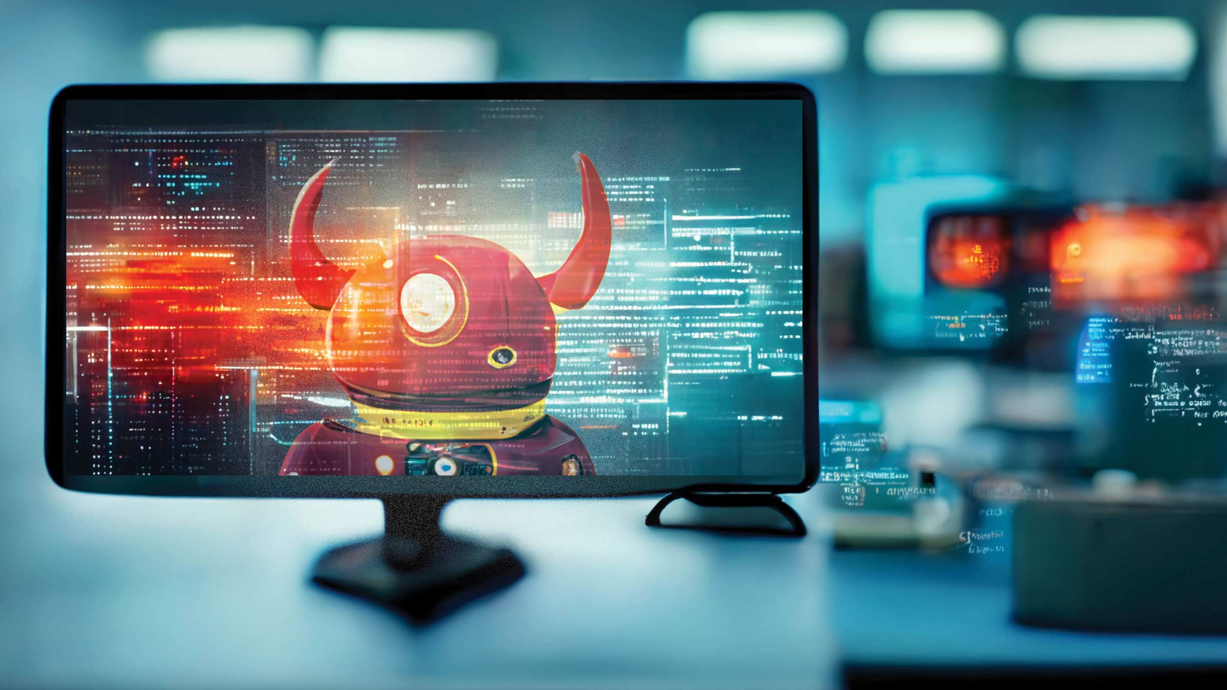 a computer monitor with image of code and a Devil-like figure