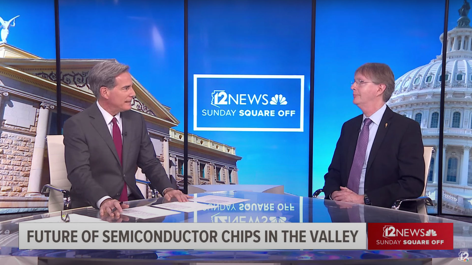 A screenshot of a 12 News Sunday Square Off video with Kyle Squires discussing the future of semiconductor chips in the Valley.