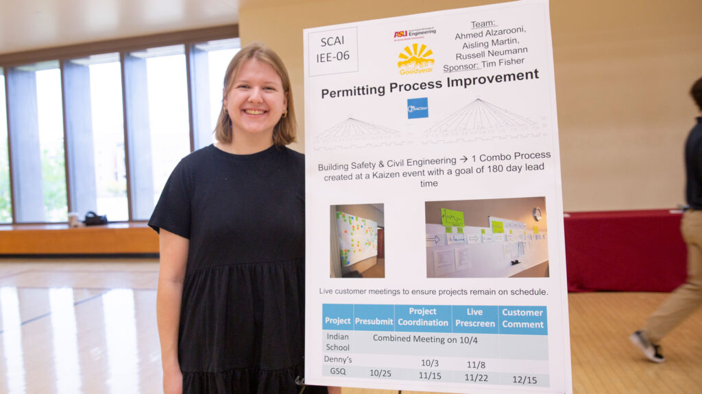 Fulton Schools engineering management student Aisling Martin poses with a capstone project poster.
