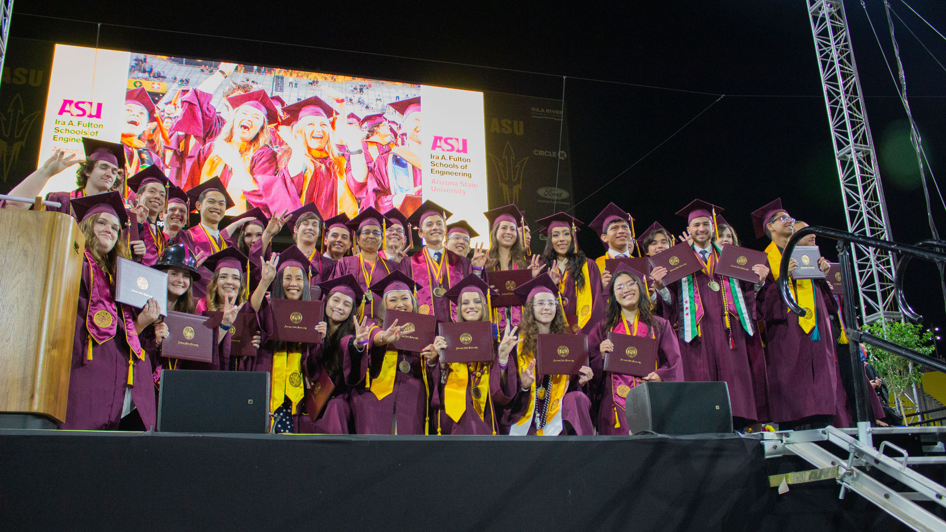 Fulton Schools graduates celebrate on stage at Convocation in Spring 2022.