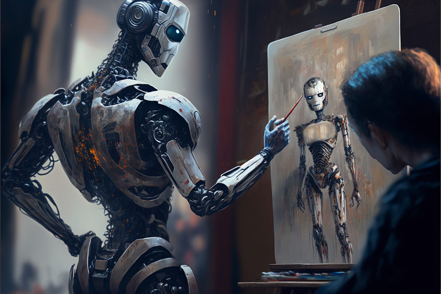 AI generated image of a robot working as a painter