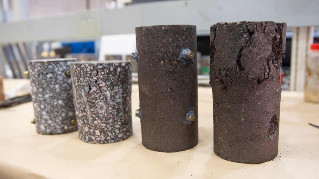 Pavement samples before and after testing in the dynamic triaxial testing system.