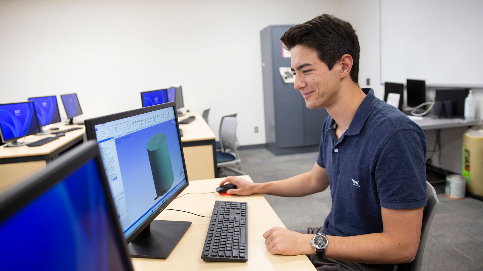 Mechanical engineering major Tyler Norkus works on a FURI project to advance semiconductor knowledge by simulating what happens to different materials during the manufacturing of semiconductor devices at very small scales.