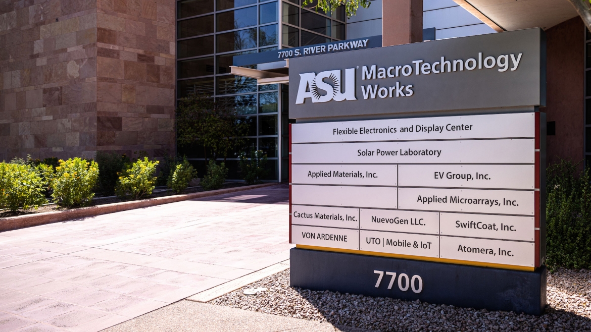 A sign in front of the ASU MacroTechnology Works building.