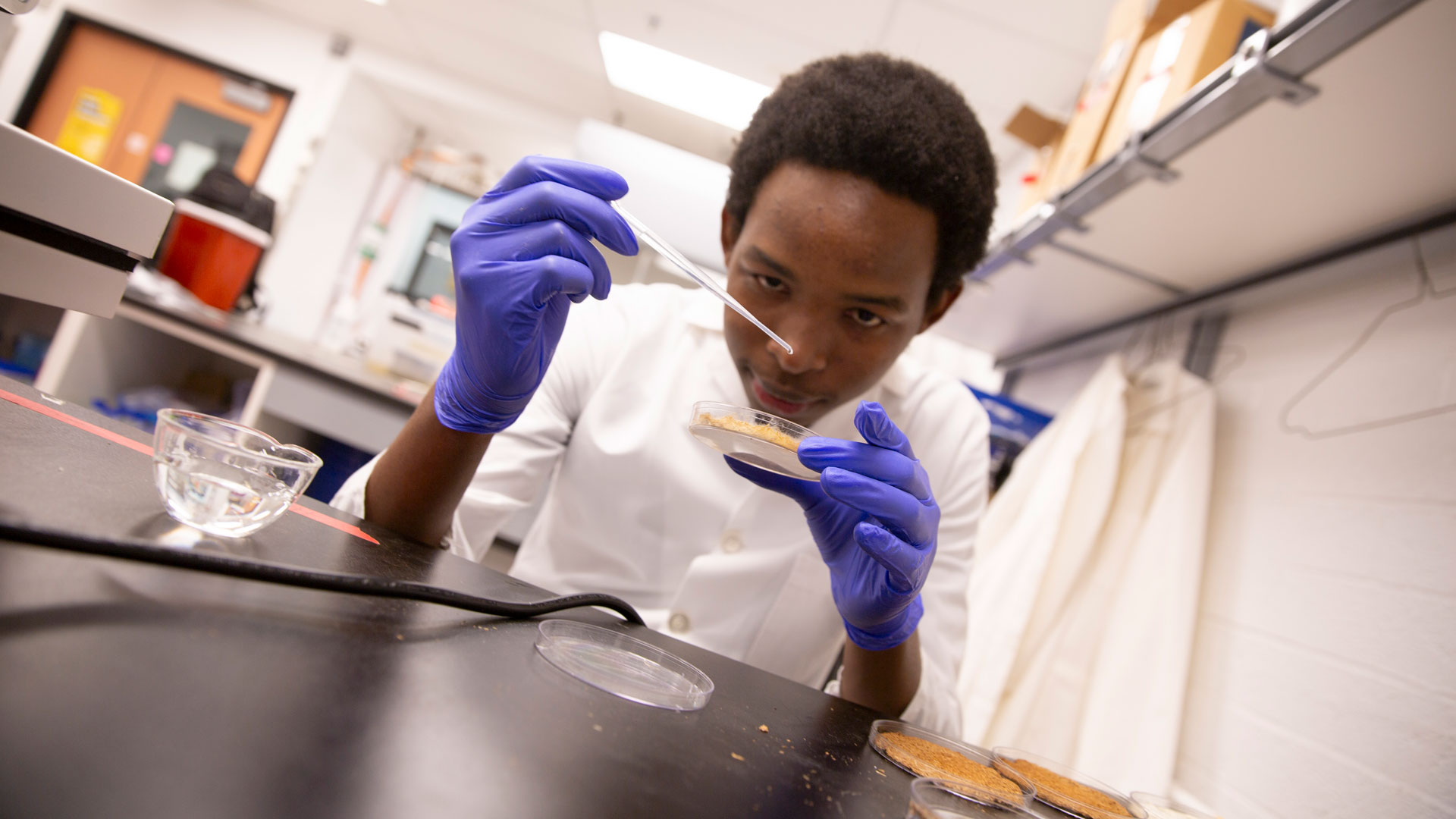 ASU student Henry Nakaana works in a lab for his FURI research project.