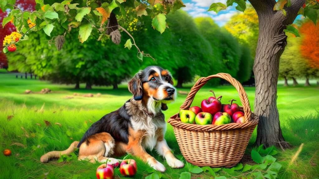 AI generated image of a dog under an apple tree