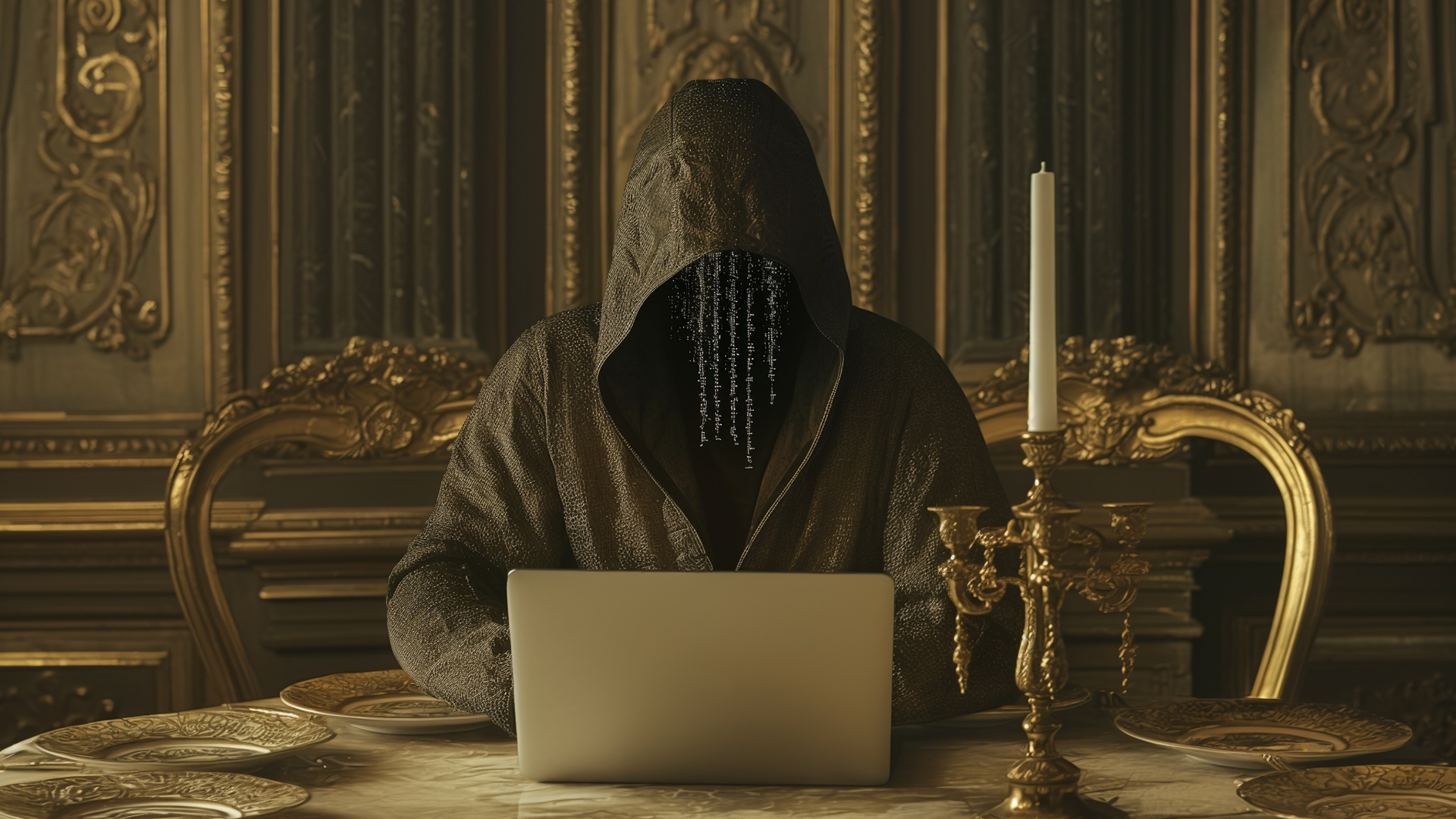 an illustration of an 18th-century thief using a laptop computer