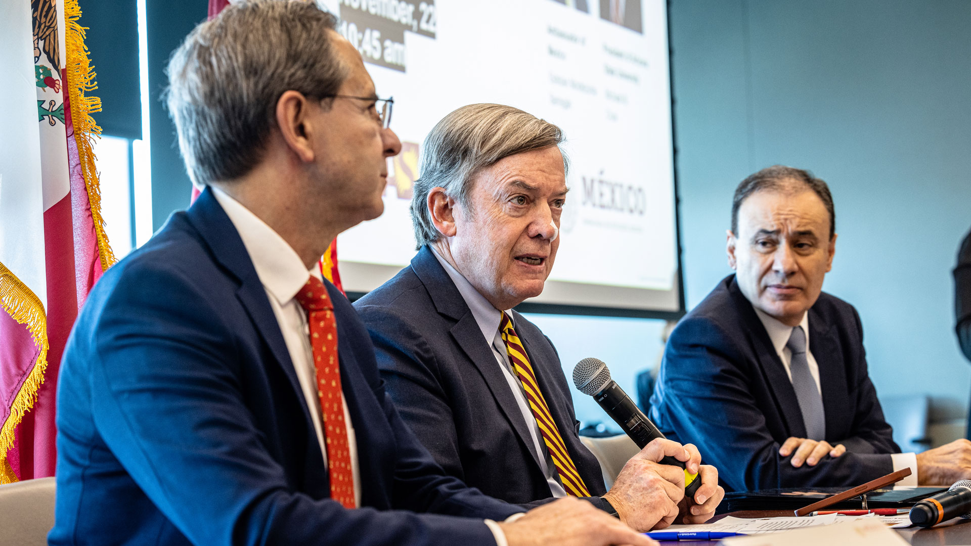 Arizona State University President Michael Crow (center) speaks while sitting next to Esteban Moctezuma Barragán and Alfonso Durazo Montaño