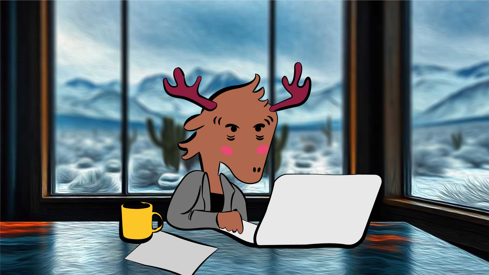 An illustration of a reindeer working on a laptop.