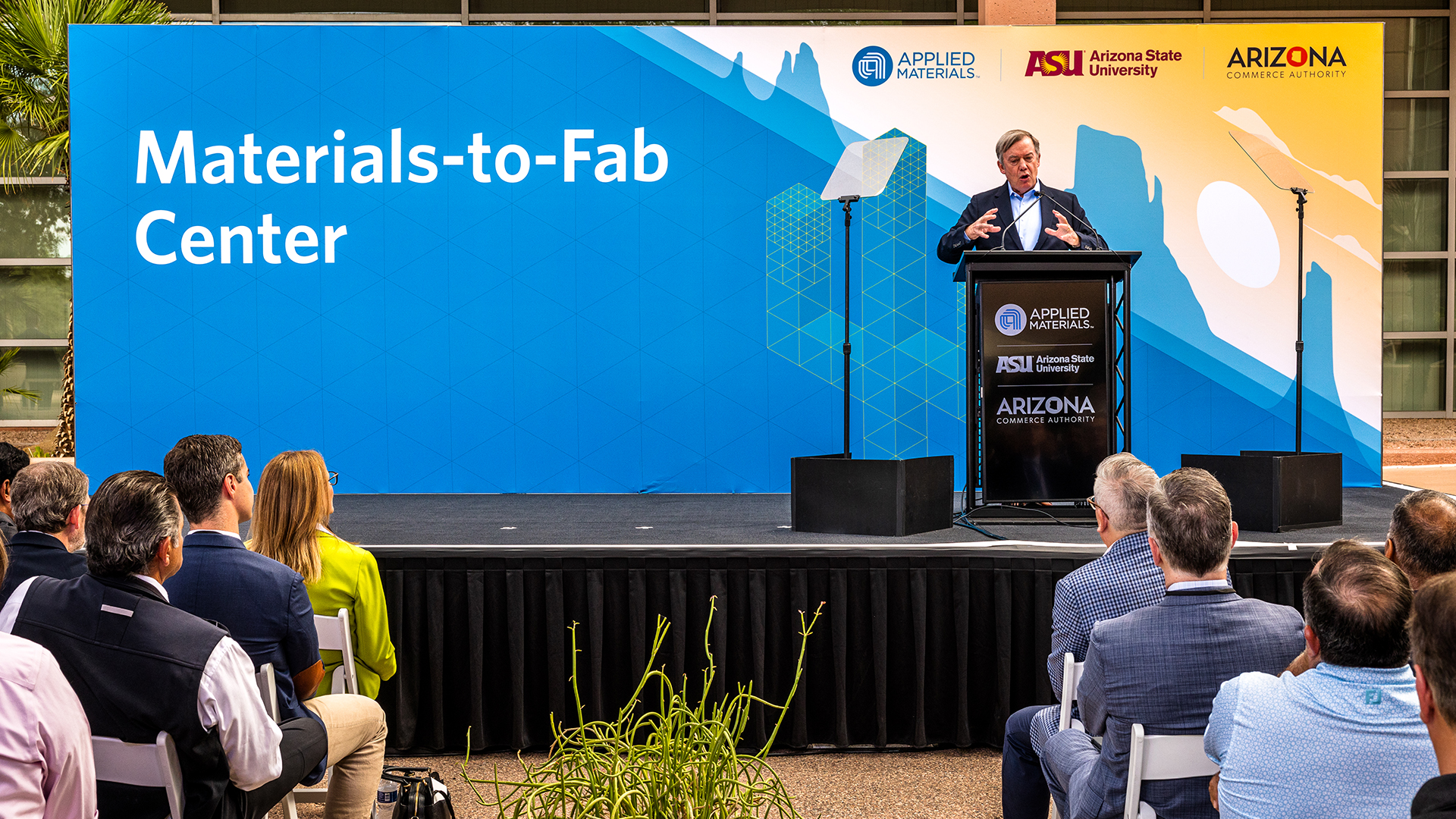 20251009 MTF Center Michael Crow speaks at a podium.