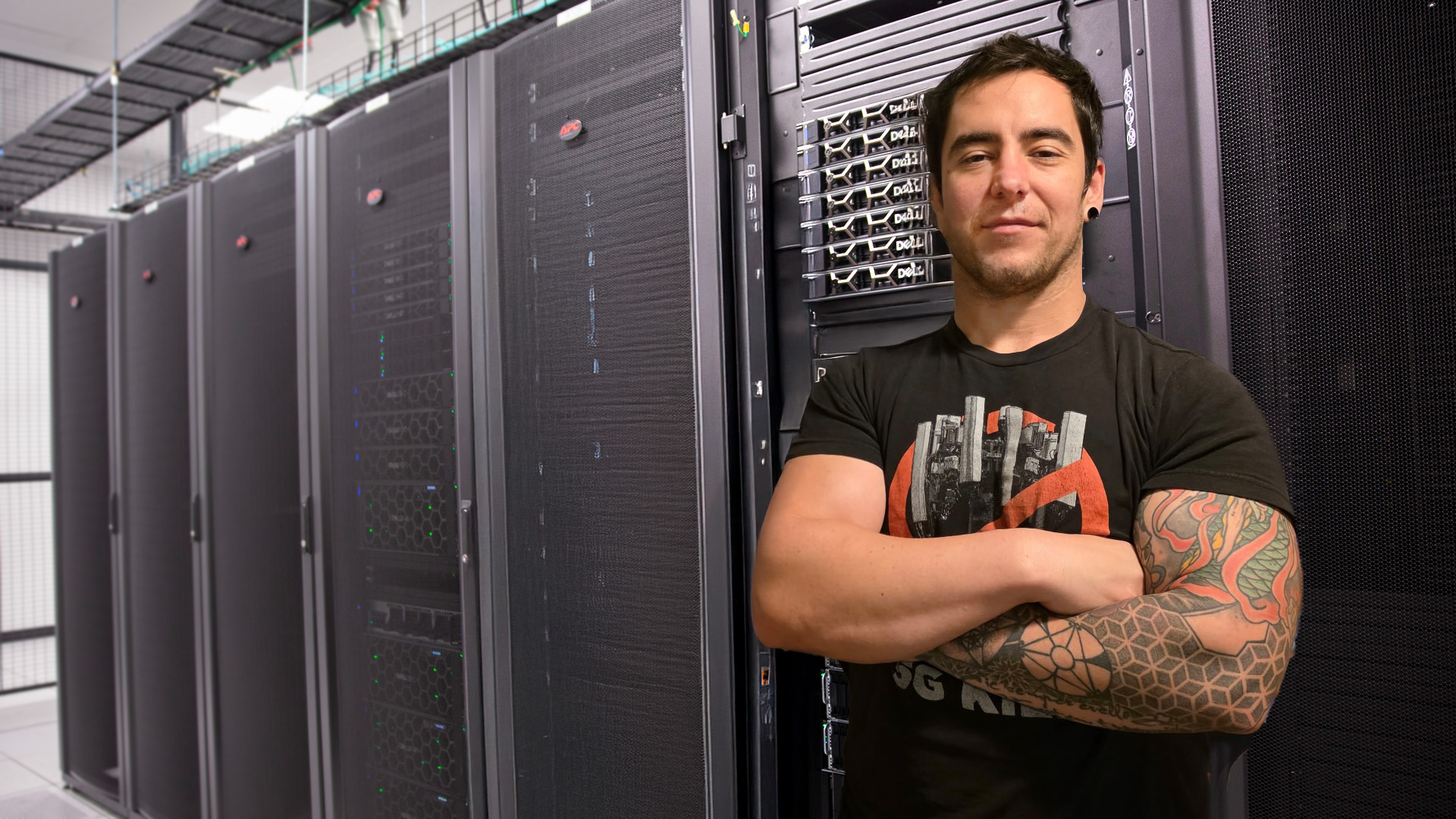 A graphic showing Ben Mixon-Baca in front of racks of servers.